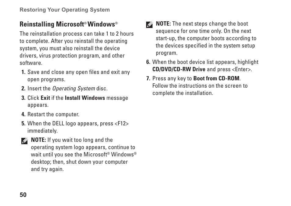 Reinstalling microsoft, Windows | Dell Studio XPS 8000 (Late 2009) User Manual | Page 52 / 72