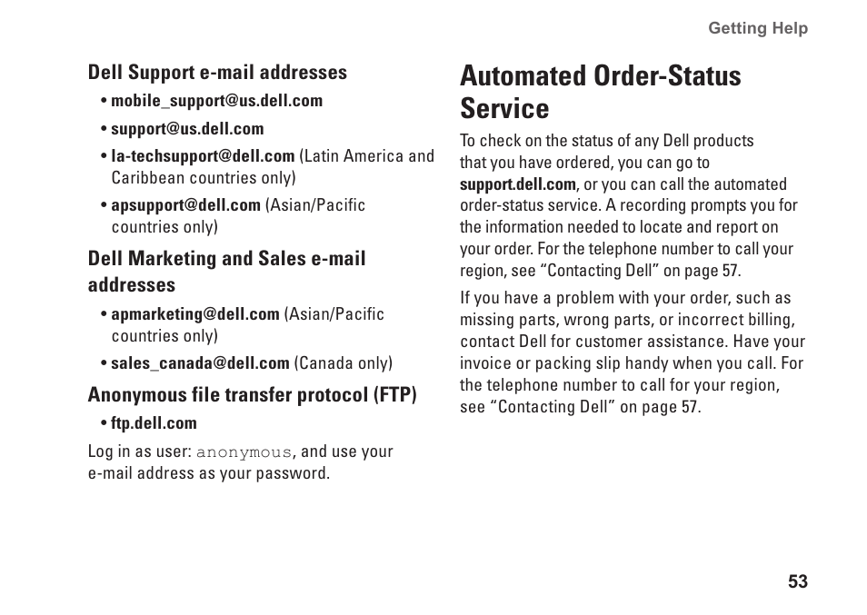 Automated order-status service, Automated order‑status service | Dell Studio XPS 8000 (Late 2009) User Manual | Page 55 / 72