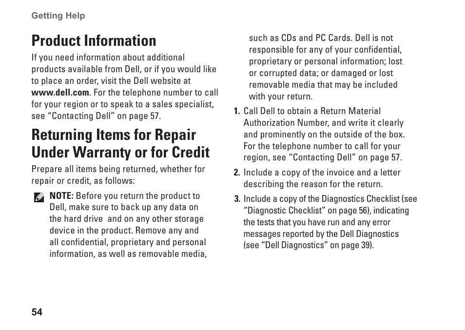 Product information, Warranty or for credit | Dell Studio XPS 8000 (Late 2009) User Manual | Page 56 / 72