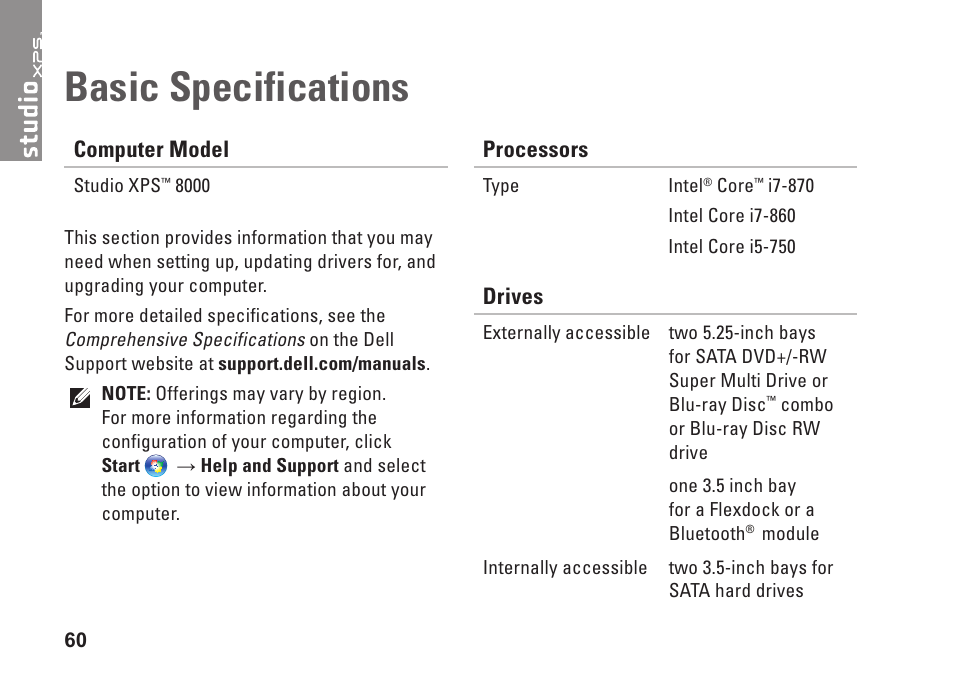 Basic specifications | Dell Studio XPS 8000 (Late 2009) User Manual | Page 62 / 72