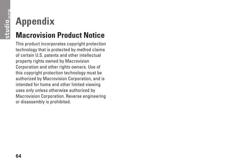 Appendix, Macrovision product notice | Dell Studio XPS 8000 (Late 2009) User Manual | Page 66 / 72