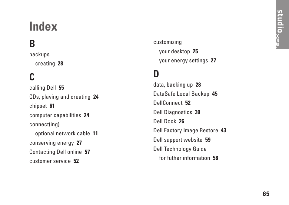 Index | Dell Studio XPS 8000 (Late 2009) User Manual | Page 67 / 72
