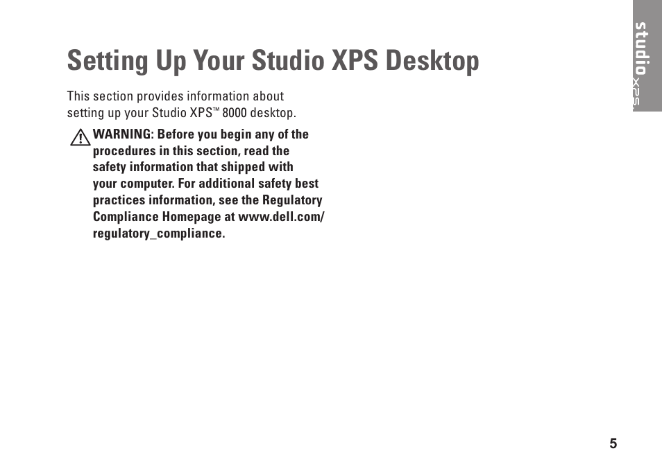 Setting up your studio xps desktop | Dell Studio XPS 8000 (Late 2009) User Manual | Page 7 / 72