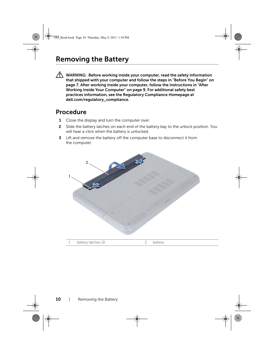 Removing the battery, Procedure | Dell Inspiron 15R (5537, Mid 2013) User Manual | Page 10 / 68