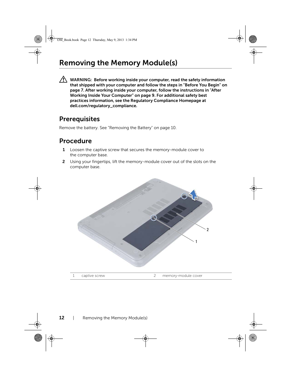 Removing the memory module(s), Prerequisites, Procedure | Dell Inspiron 15R (5537, Mid 2013) User Manual | Page 12 / 68