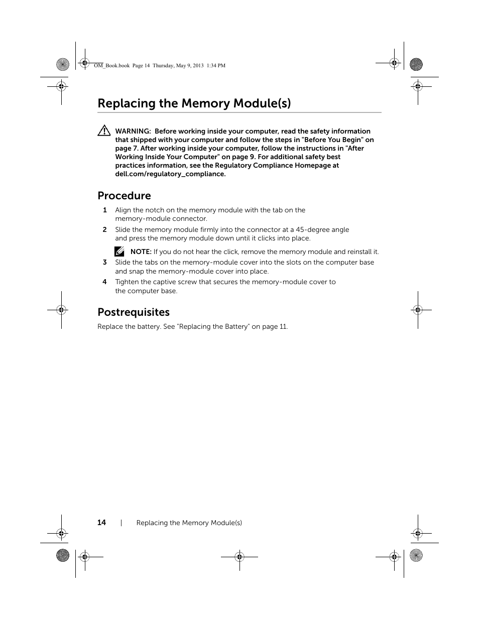 Replacing the memory module(s), Procedure, Postrequisites | Dell Inspiron 15R (5537, Mid 2013) User Manual | Page 14 / 68