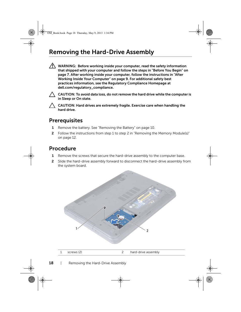 Removing the hard-drive assembly, Prerequisites, Procedure | Dell Inspiron 15R (5537, Mid 2013) User Manual | Page 18 / 68