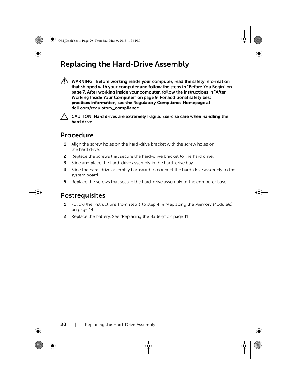 Replacing the hard-drive assembly, Procedure, Postrequisites | Dell Inspiron 15R (5537, Mid 2013) User Manual | Page 20 / 68