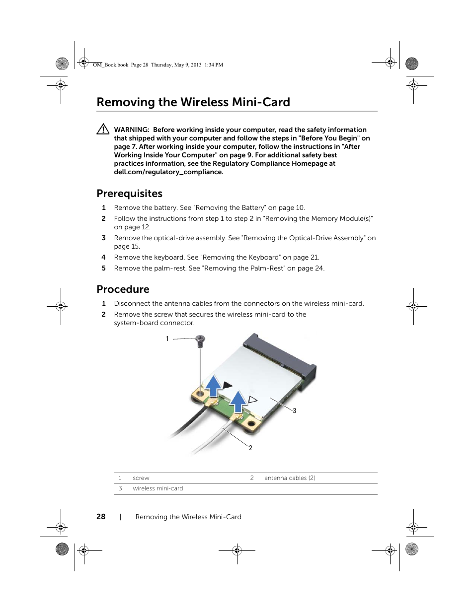 Removing the wireless mini-card, Prerequisites, Procedure | Dell Inspiron 15R (5537, Mid 2013) User Manual | Page 28 / 68