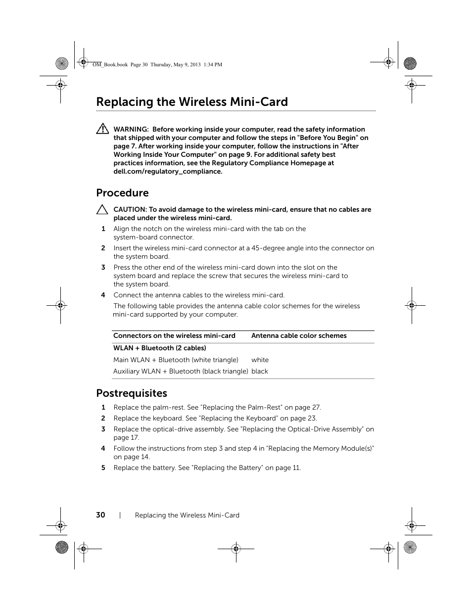 Replacing the wireless mini-card, Procedure, Postrequisites | Dell Inspiron 15R (5537, Mid 2013) User Manual | Page 30 / 68