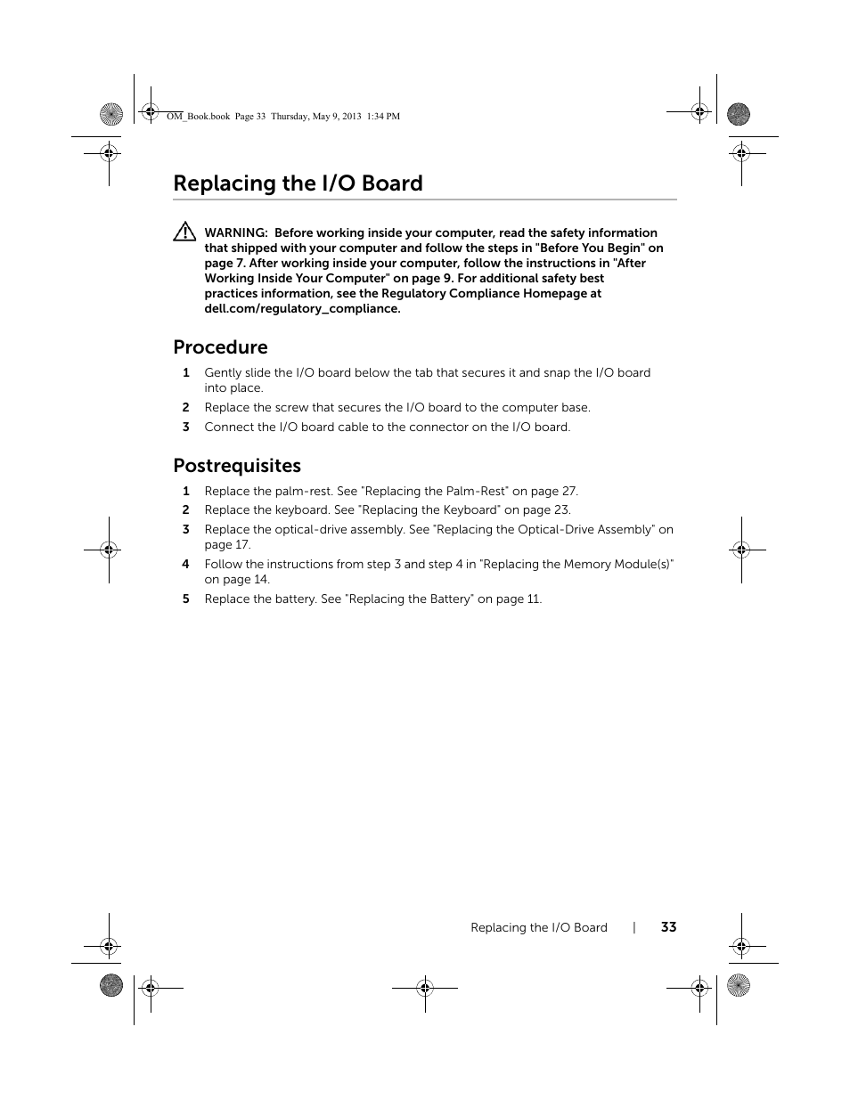 Replacing the i/o board, Procedure, Postrequisites | Dell Inspiron 15R (5537, Mid 2013) User Manual | Page 33 / 68