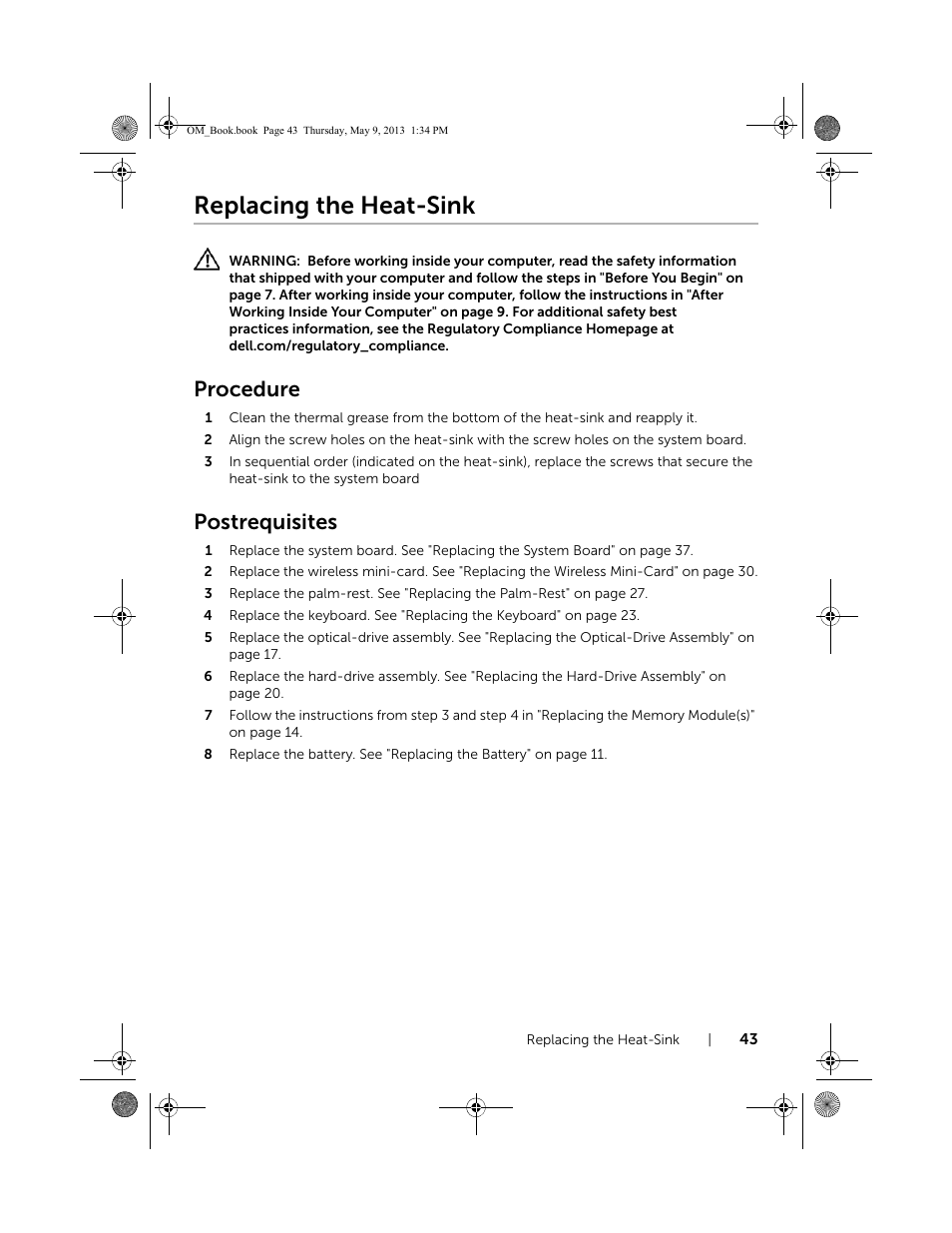 Replacing the heat-sink, Procedure, Postrequisites | Dell Inspiron 15R (5537, Mid 2013) User Manual | Page 43 / 68
