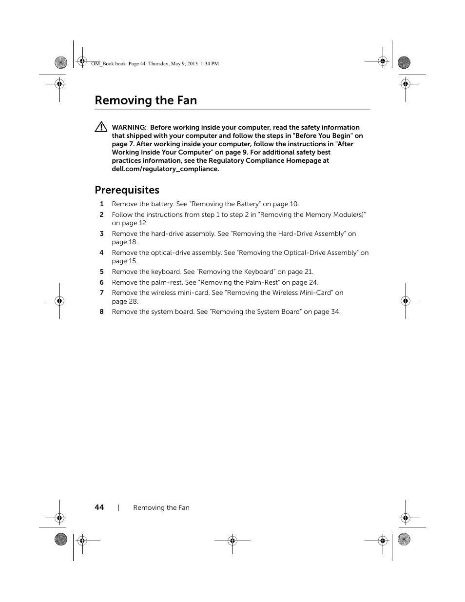 Removing the fan, Prerequisites | Dell Inspiron 15R (5537, Mid 2013) User Manual | Page 44 / 68