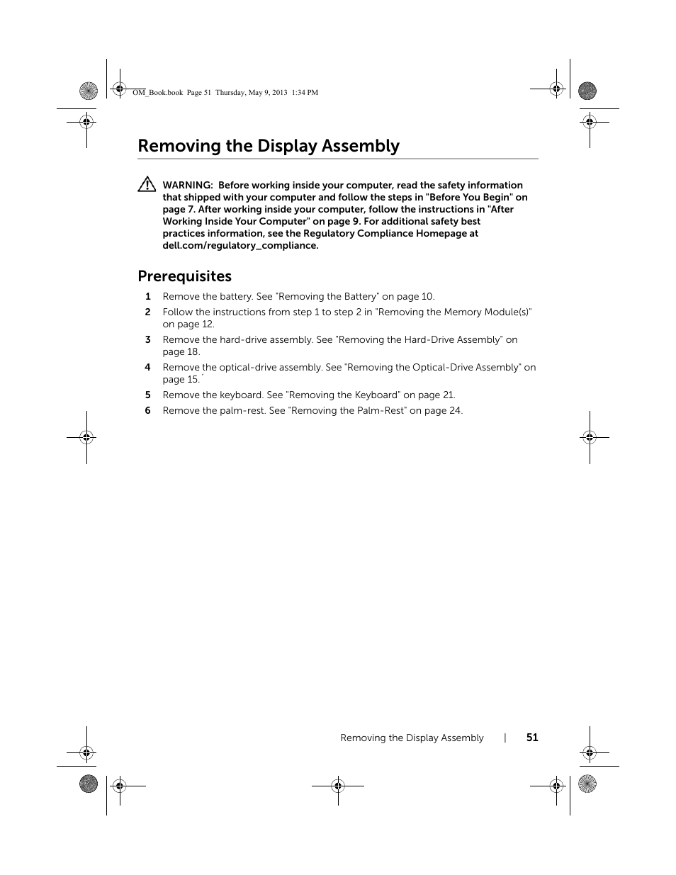 Removing the display assembly, Prerequisites | Dell Inspiron 15R (5537, Mid 2013) User Manual | Page 51 / 68