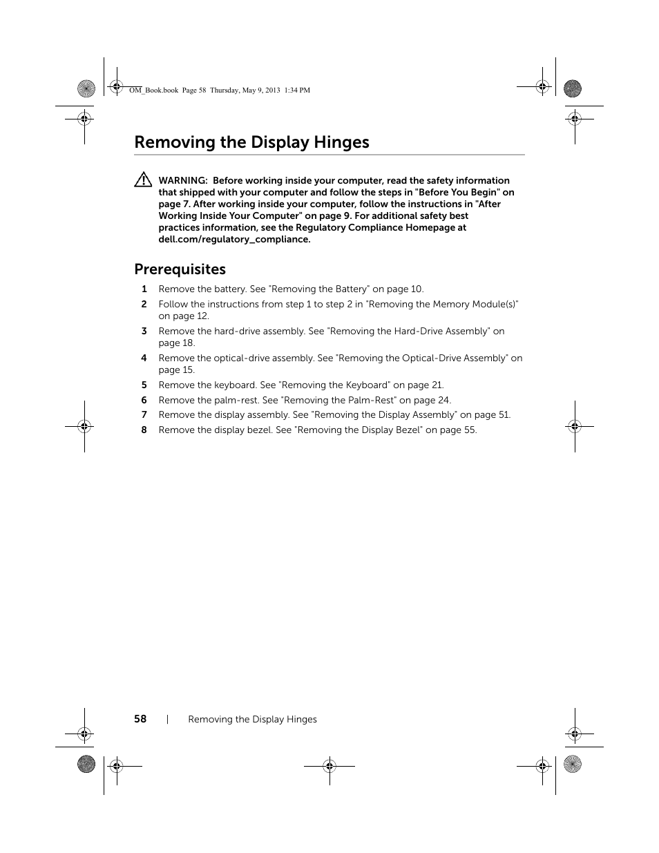 Removing the display hinges, Prerequisites | Dell Inspiron 15R (5537, Mid 2013) User Manual | Page 58 / 68