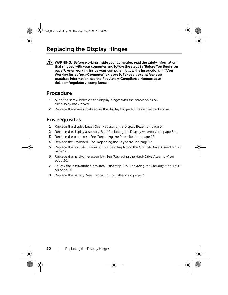 Replacing the display hinges, Procedure, Postrequisites | Dell Inspiron 15R (5537, Mid 2013) User Manual | Page 60 / 68