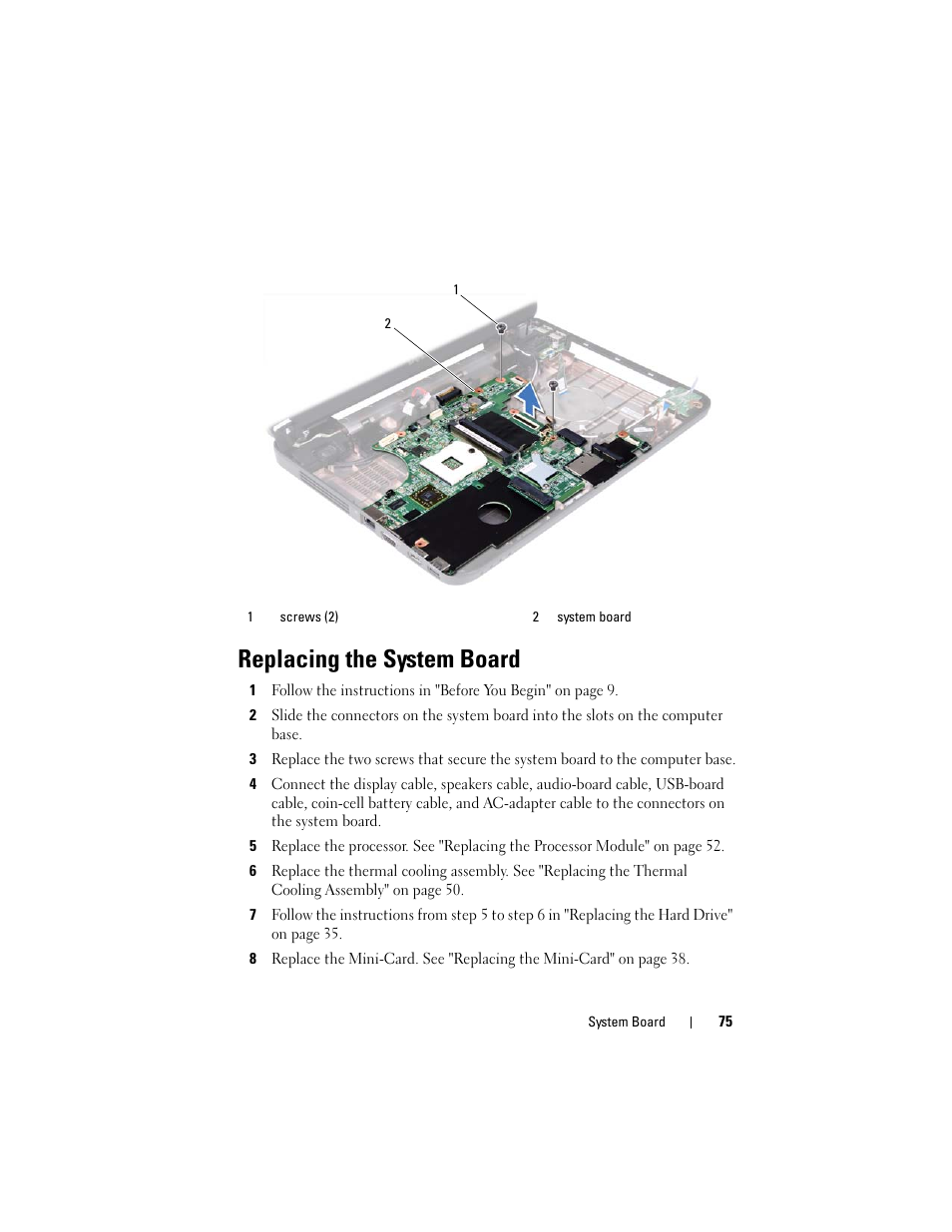 Replacing the system board | Dell Inspiron 14 (N4050, Mid 2011) User Manual | Page 75 / 78