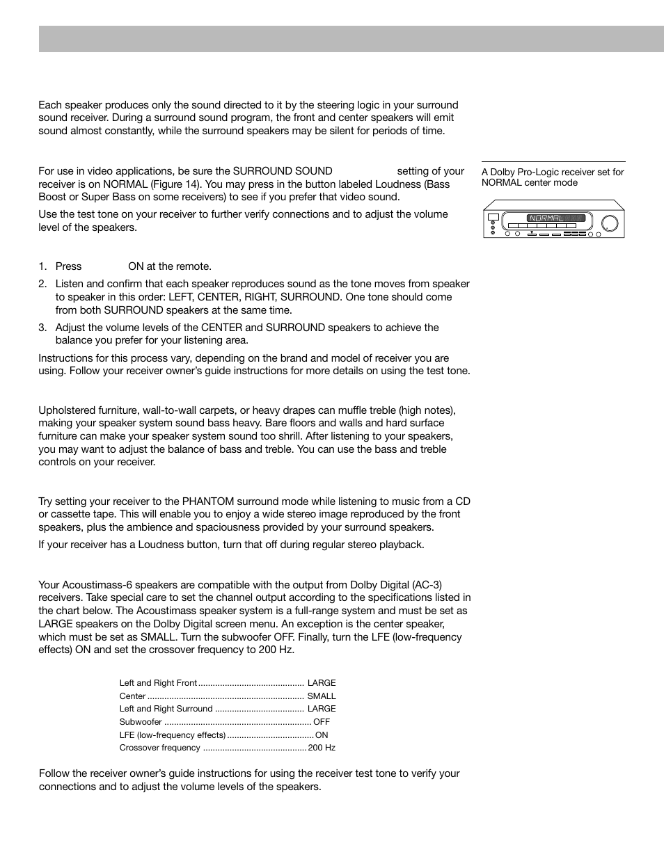 For realistic home theater sound, Figure 14, Using your acoustimass | 6 speakers, How to set your pro-logic receiver, How to set your dolby digital (ac-3) receiver | Bose Acoustimass 6 User Manual | Page 14 / 20