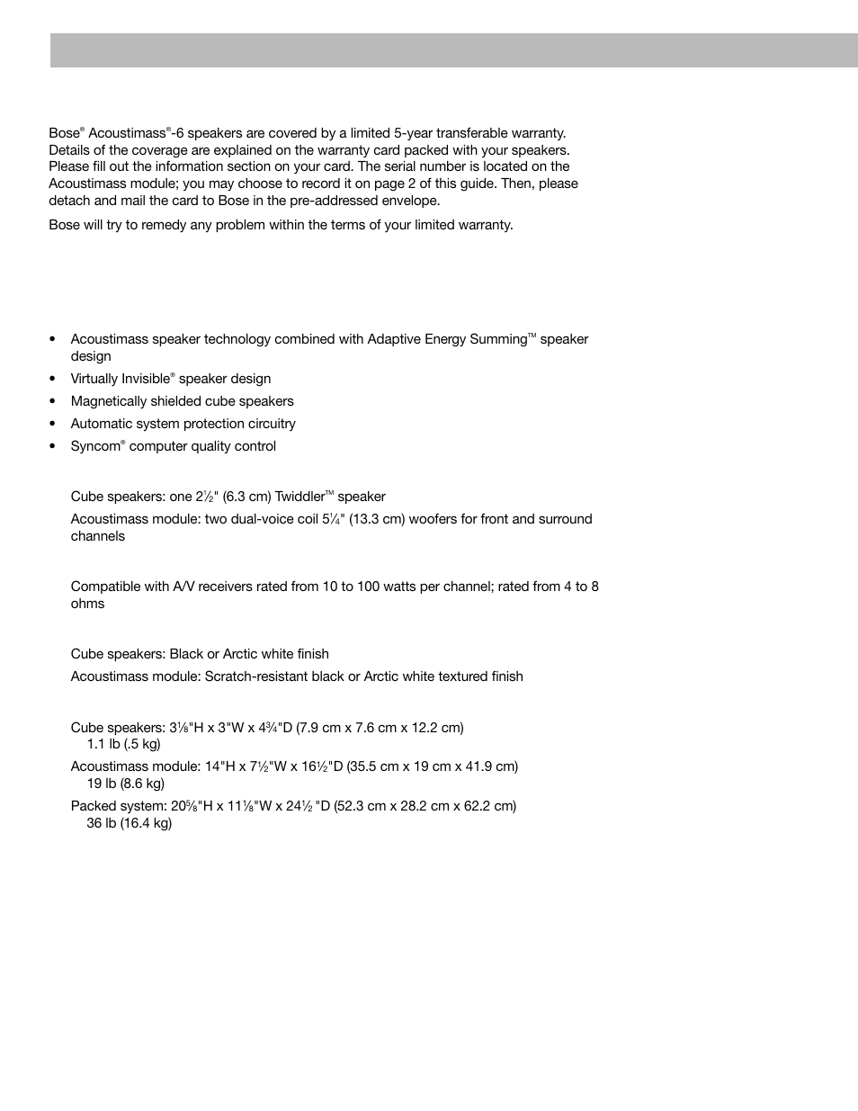 Warranty period, Technical information, Product information | Bose Acoustimass 6 User Manual | Page 16 / 20