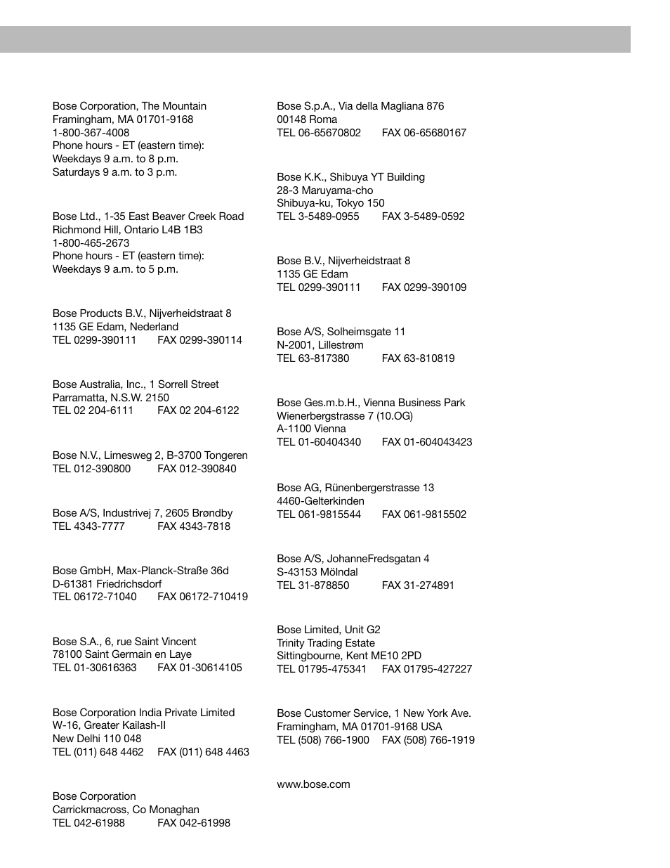 Canada, European office, Australia | Belgique/belgië, Danmark, Deutschland, France, India, Ireland, Italia | Bose Acoustimass 6 User Manual | Page 19 / 20
