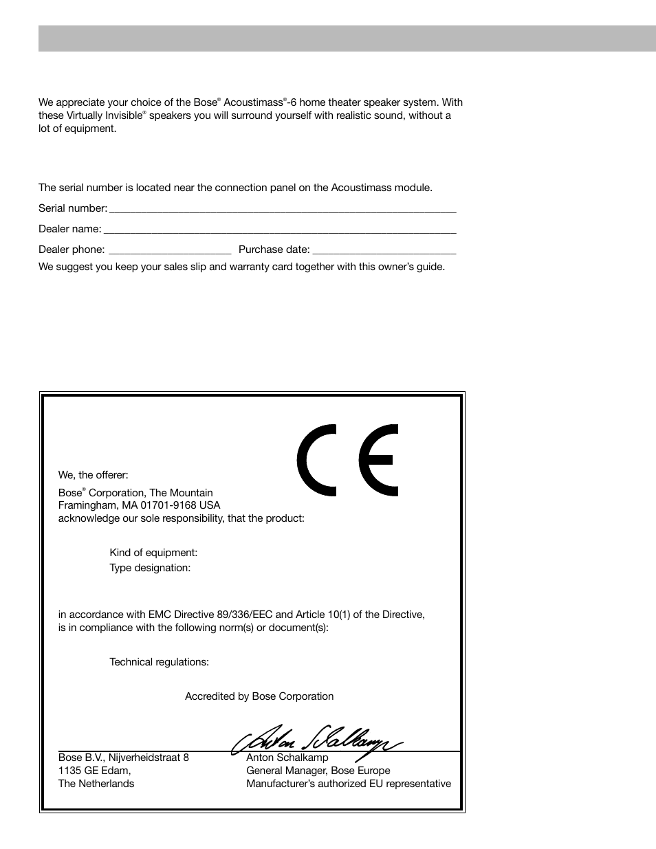 Declaration of conformity, For your records | Bose Acoustimass 6 User Manual | Page 2 / 20