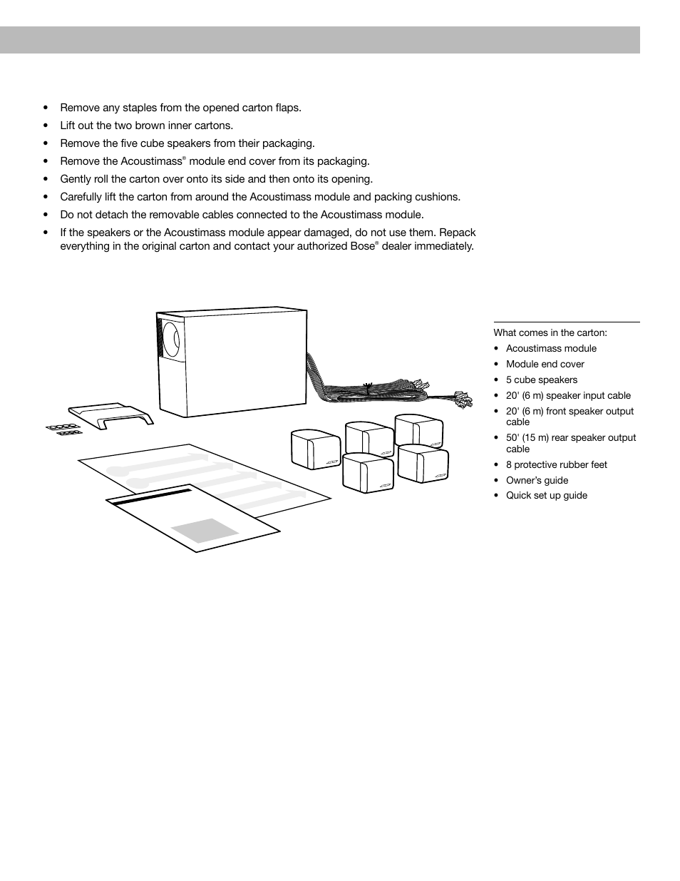 Unpack the carton | Bose Acoustimass 6 User Manual | Page 5 / 20