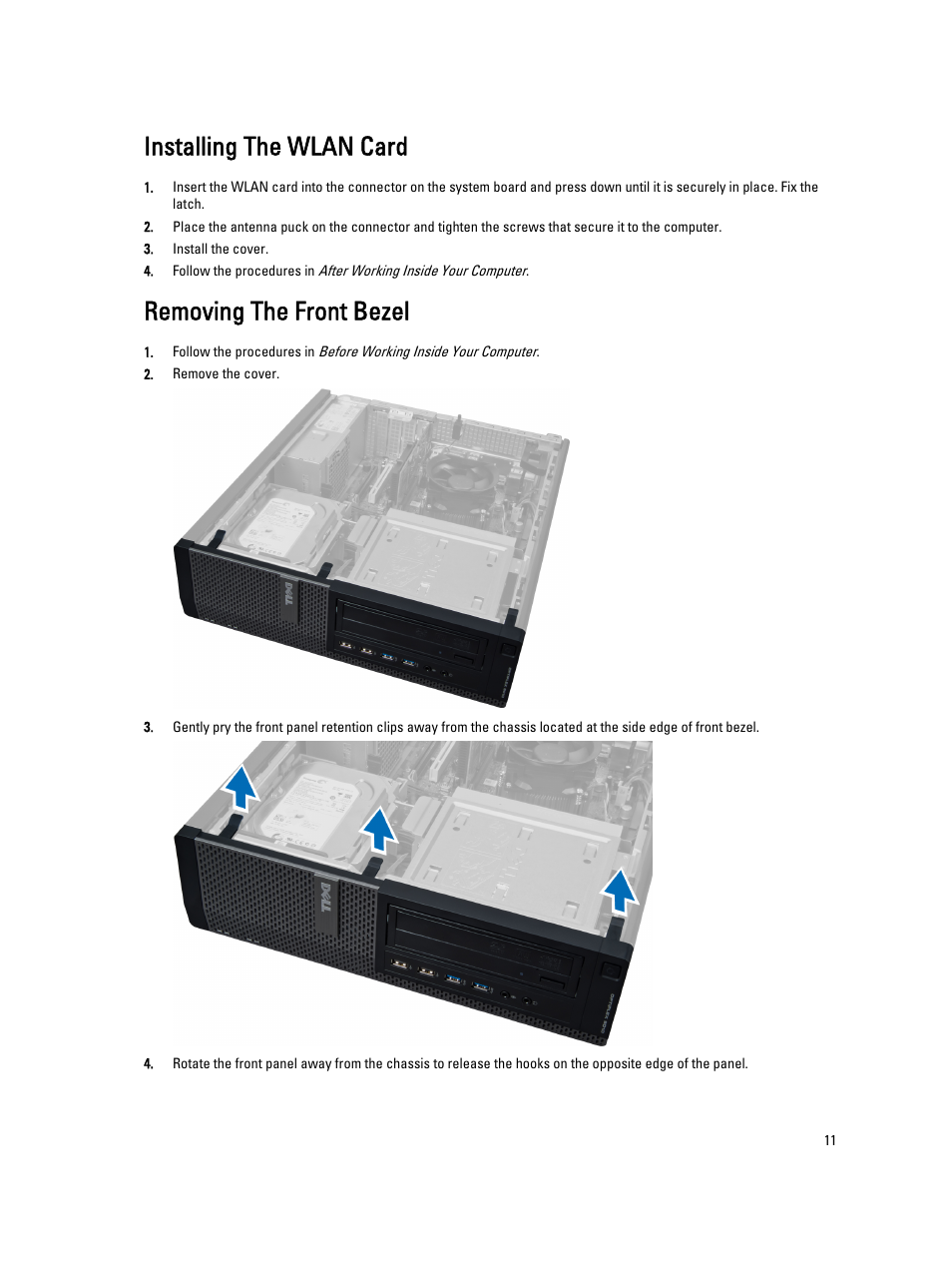 Installing the wlan card, Removing the front bezel | Dell OptiPlex 7010 (Mid 2012) User Manual | Page 11 / 65