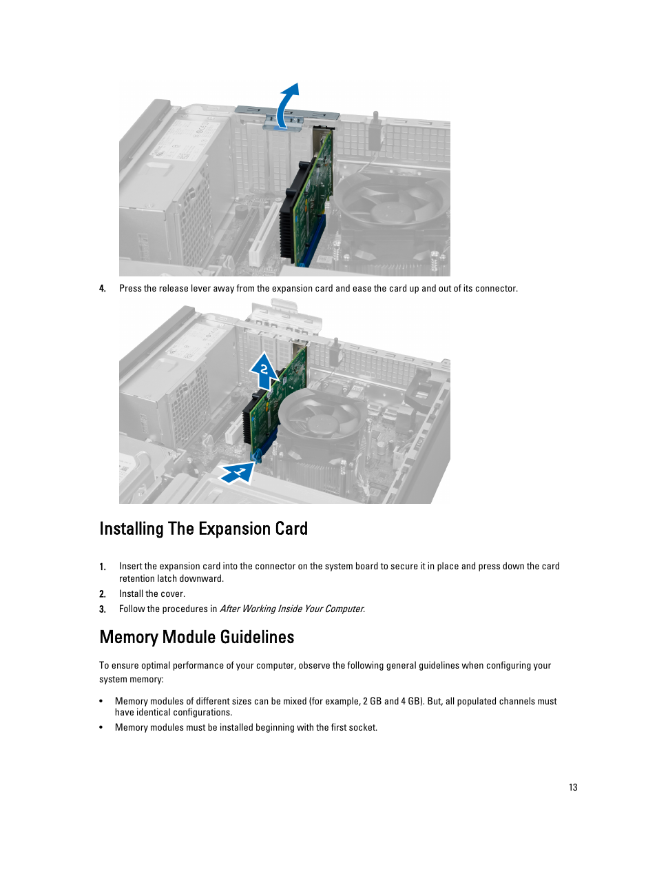 Installing the expansion card, Memory module guidelines | Dell OptiPlex 7010 (Mid 2012) User Manual | Page 13 / 65