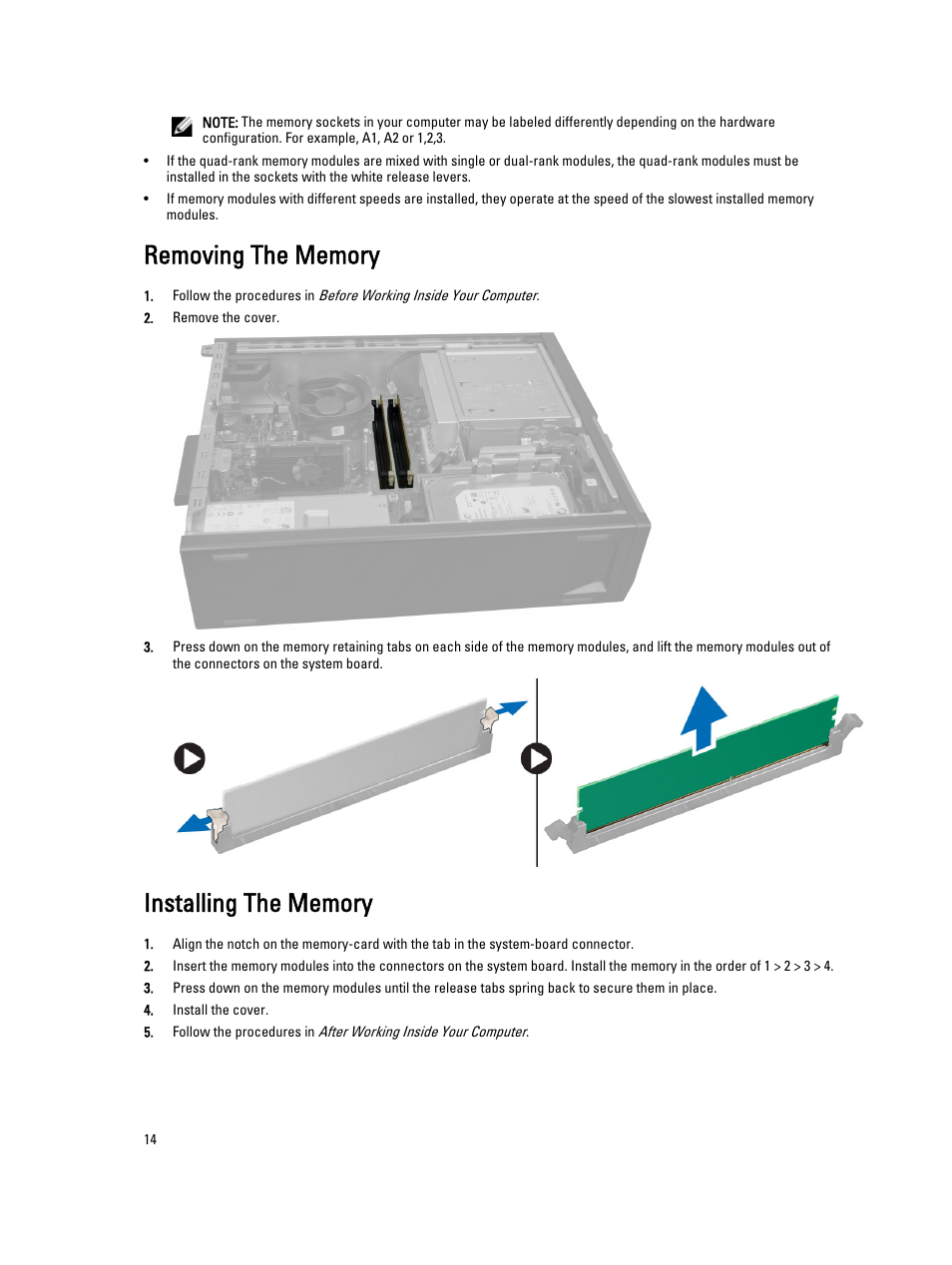 Removing the memory, Installing the memory | Dell OptiPlex 7010 (Mid 2012) User Manual | Page 14 / 65