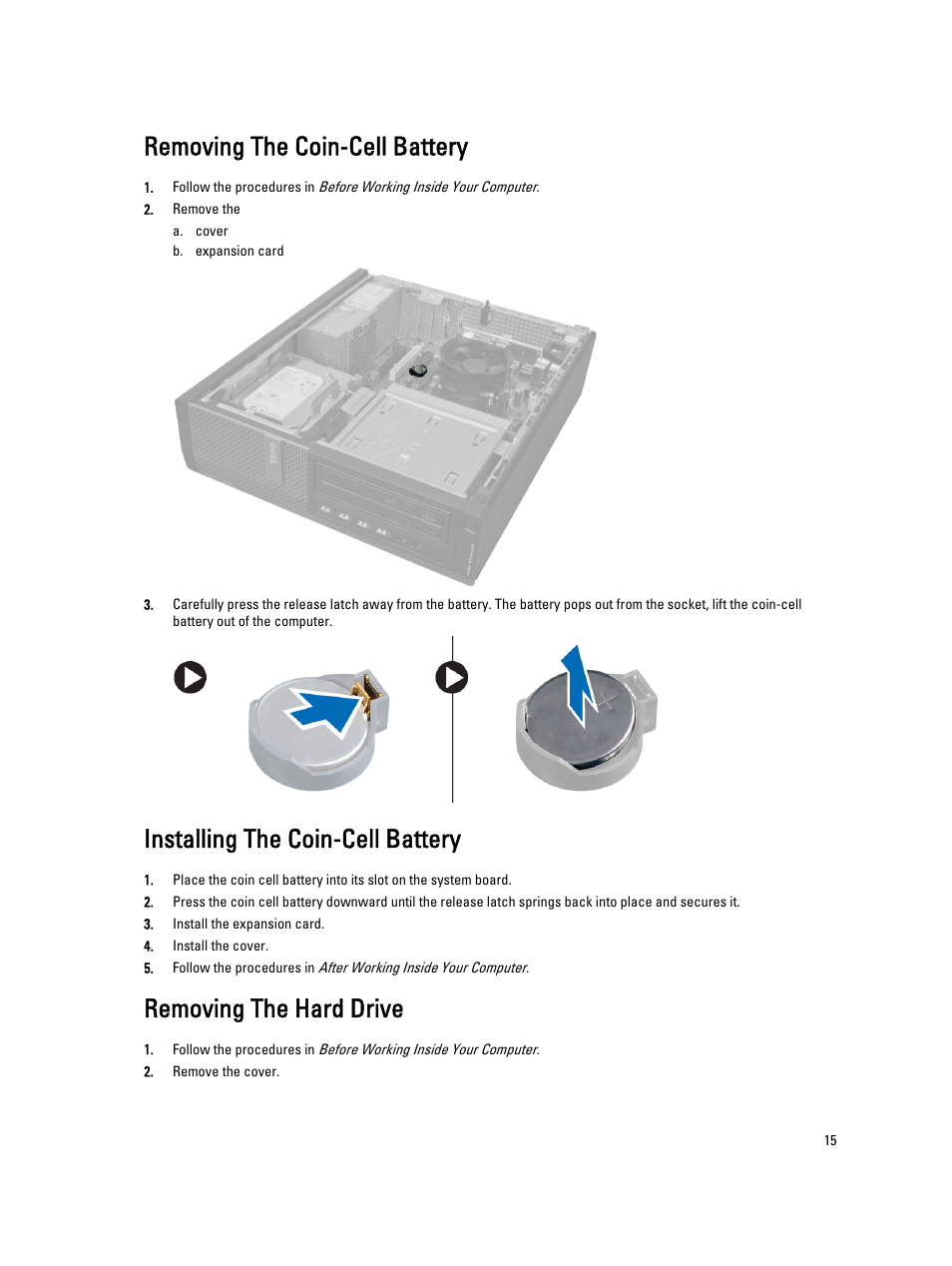 Removing the coin-cell battery, Installing the coin-cell battery, Removing the hard drive | Dell OptiPlex 7010 (Mid 2012) User Manual | Page 15 / 65