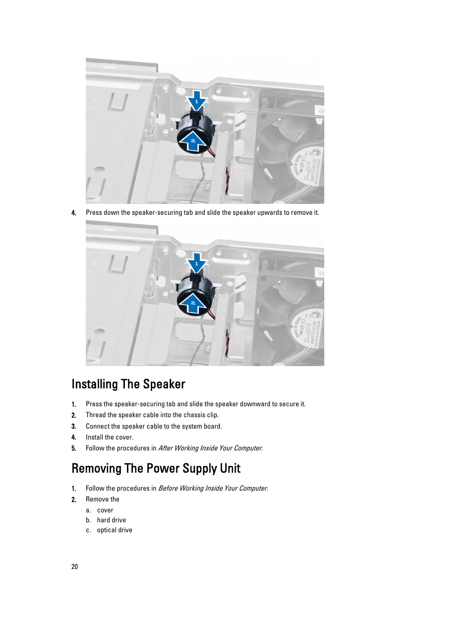 Installing the speaker, Removing the power supply unit | Dell OptiPlex 7010 (Mid 2012) User Manual | Page 20 / 65