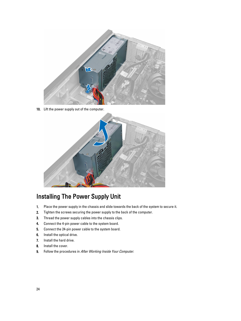 Installing the power supply unit | Dell OptiPlex 7010 (Mid 2012) User Manual | Page 24 / 65