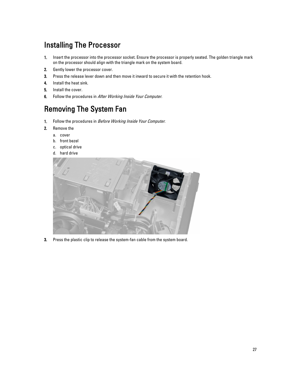 Installing the processor, Removing the system fan | Dell OptiPlex 7010 (Mid 2012) User Manual | Page 27 / 65