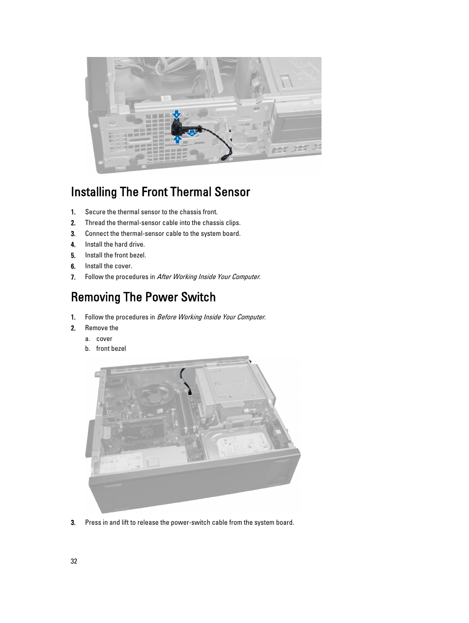 Installing the front thermal sensor, Removing the power switch | Dell OptiPlex 7010 (Mid 2012) User Manual | Page 32 / 65