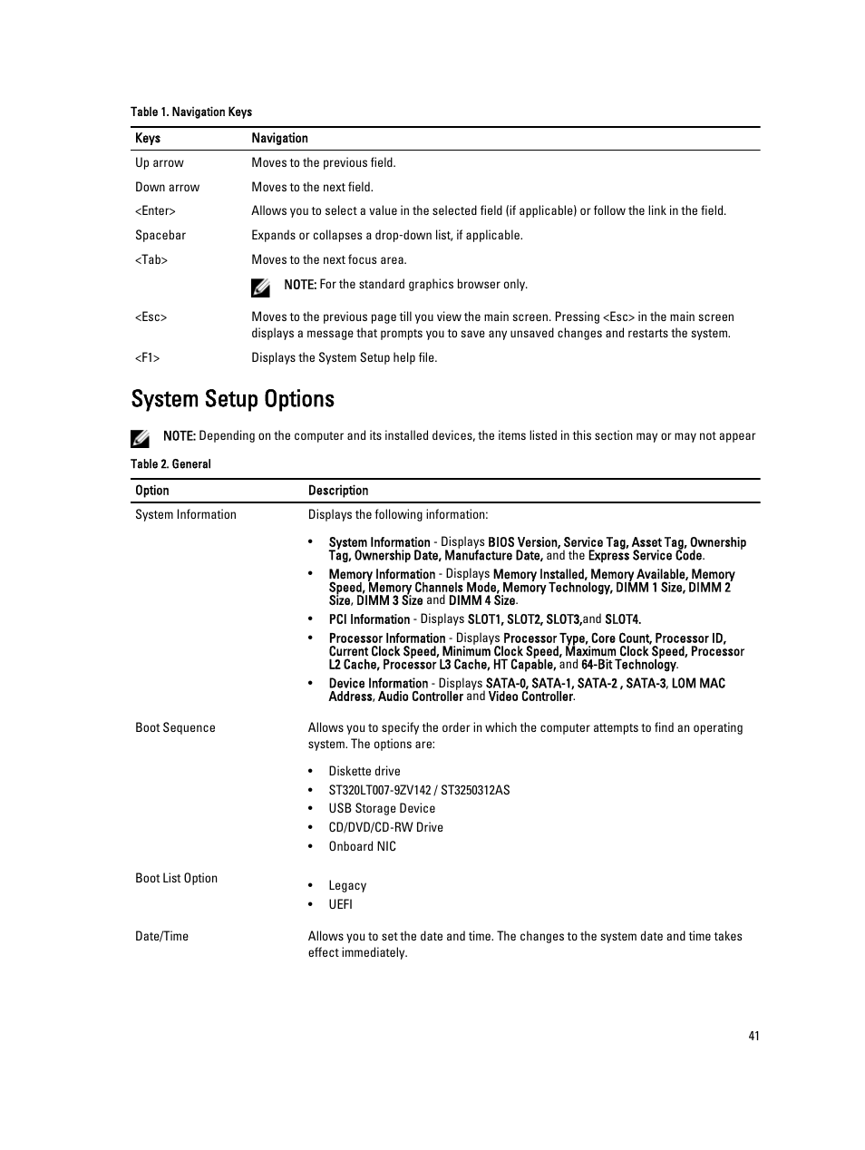 System setup options | Dell OptiPlex 7010 (Mid 2012) User Manual | Page 41 / 65