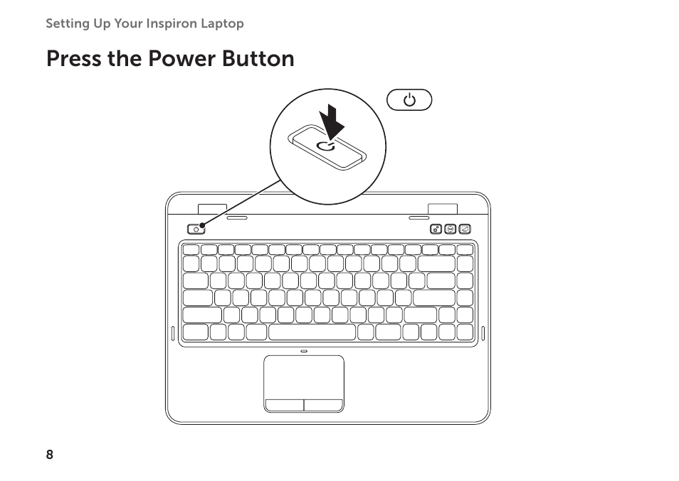 Press the power button | Dell Inspiron 14R (N4110, Early 2011) User Manual | Page 10 / 102