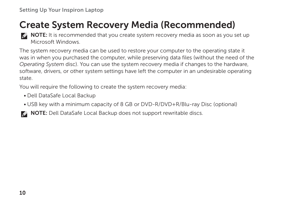 Create system recovery media (recommended) | Dell Inspiron 14R (N4110, Early 2011) User Manual | Page 12 / 102