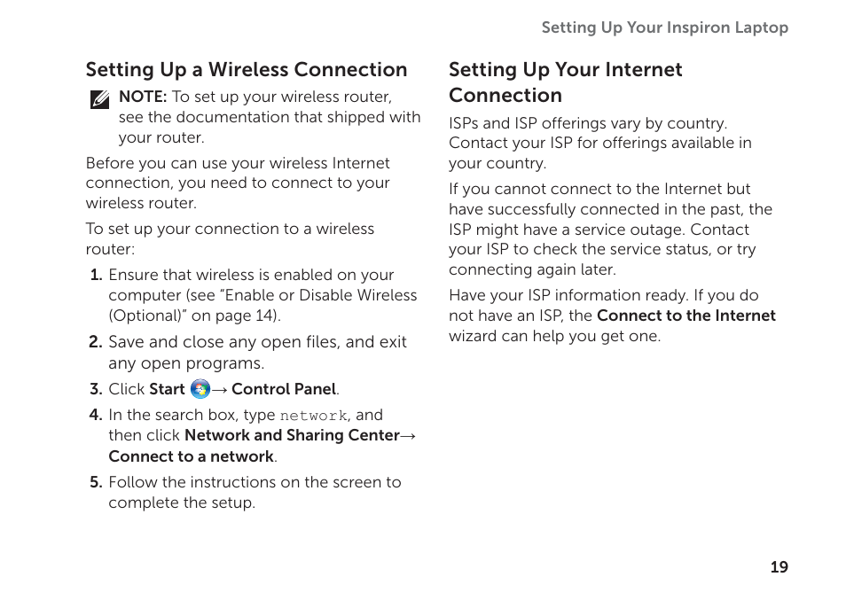 Setting up a wireless connection, Setting up your internet connection | Dell Inspiron 14R (N4110, Early 2011) User Manual | Page 21 / 102