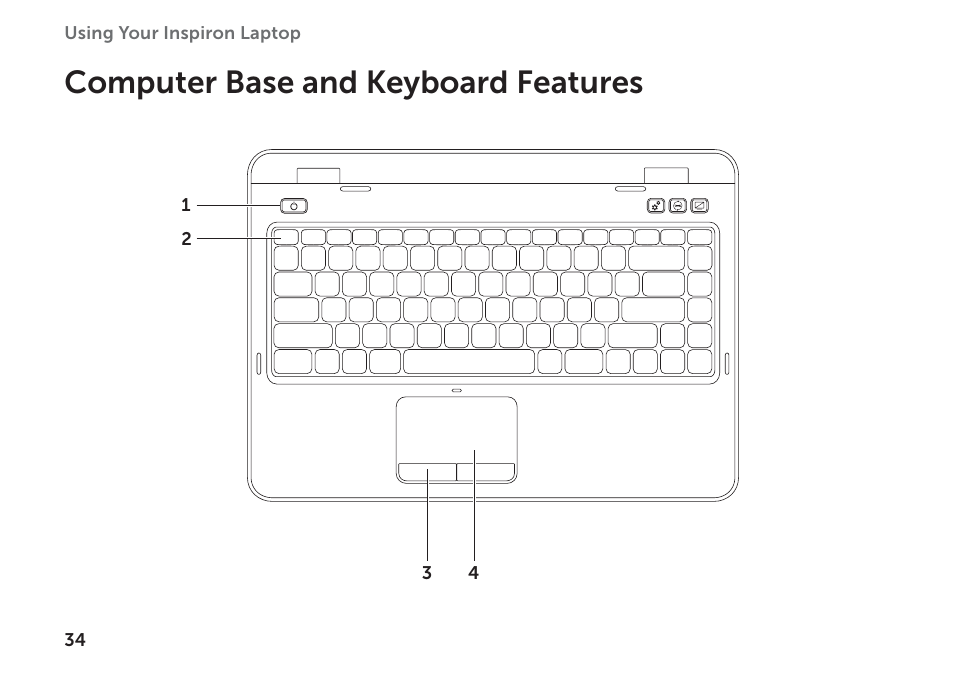 Computer base and keyboard features | Dell Inspiron 14R (N4110, Early 2011) User Manual | Page 36 / 102