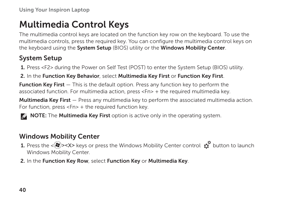 Multimedia control keys | Dell Inspiron 14R (N4110, Early 2011) User Manual | Page 42 / 102