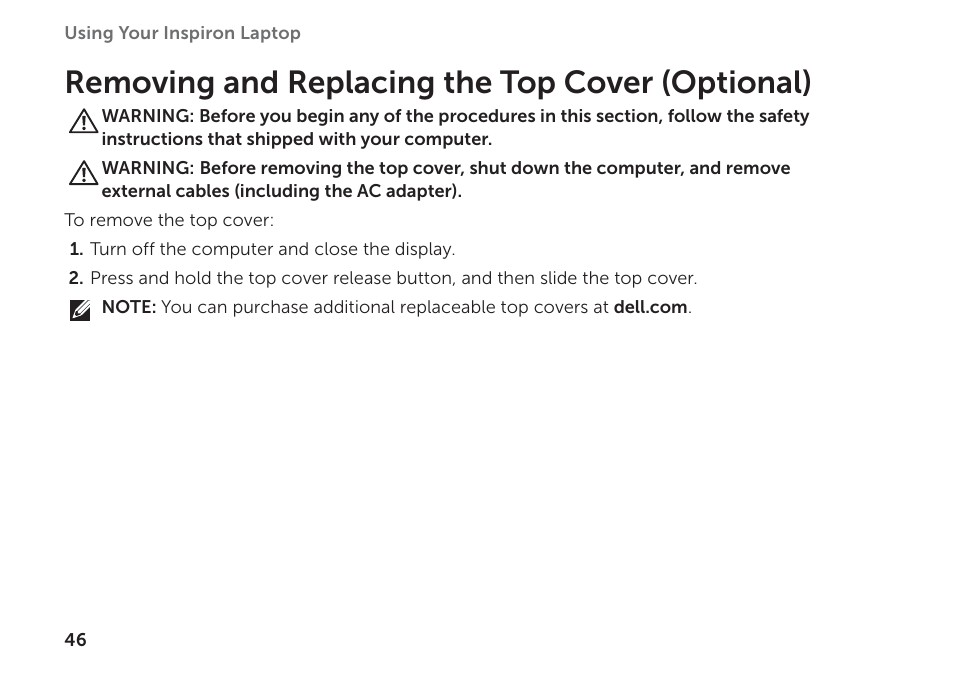 Removing and replacing the top cover (optional) | Dell Inspiron 14R (N4110, Early 2011) User Manual | Page 48 / 102