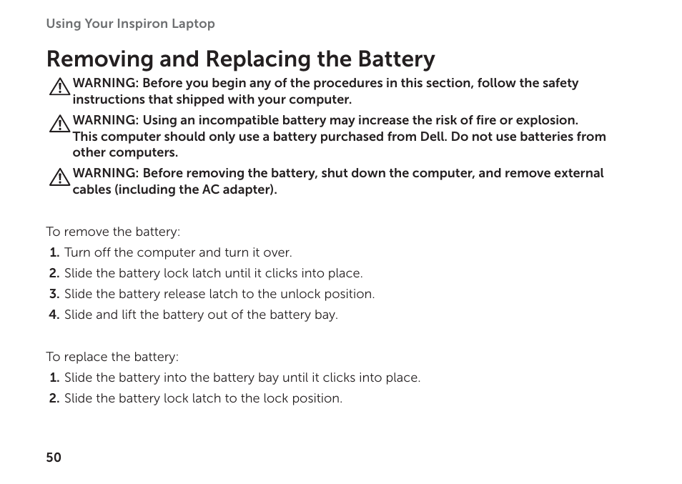 Removing and replacing the battery | Dell Inspiron 14R (N4110, Early 2011) User Manual | Page 52 / 102