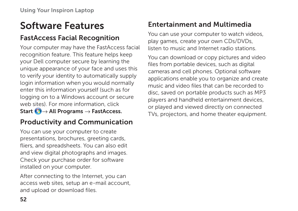Software features | Dell Inspiron 14R (N4110, Early 2011) User Manual | Page 54 / 102
