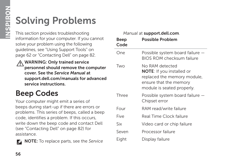 Solving problems, Beep codes, Inspiron | Dell Inspiron 14R (N4110, Early 2011) User Manual | Page 58 / 102