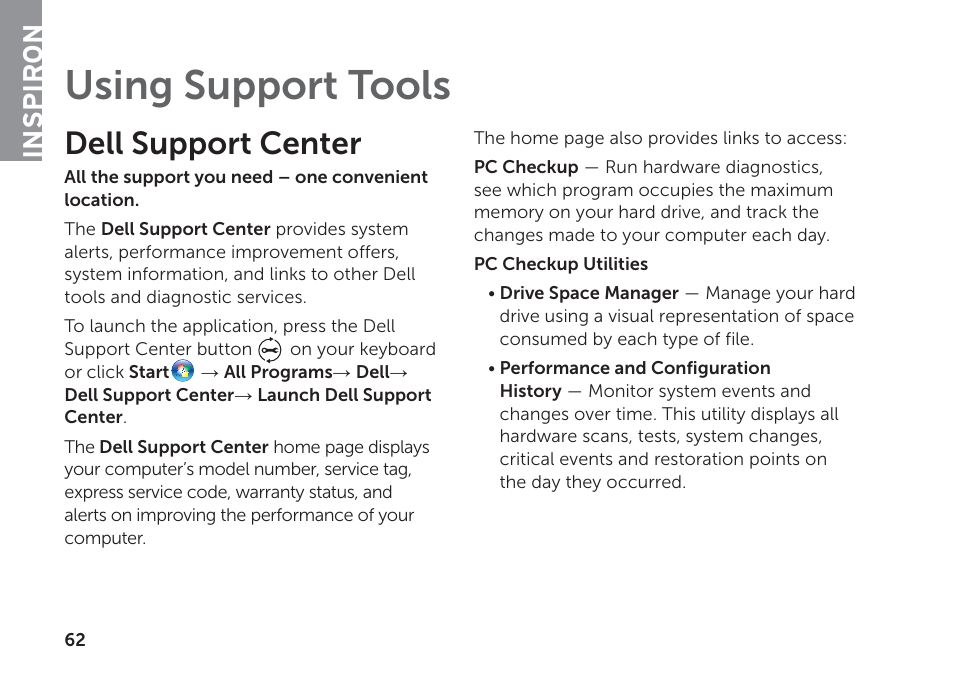 Using support tools, Dell support center, Inspiron | Dell Inspiron 14R (N4110, Early 2011) User Manual | Page 64 / 102