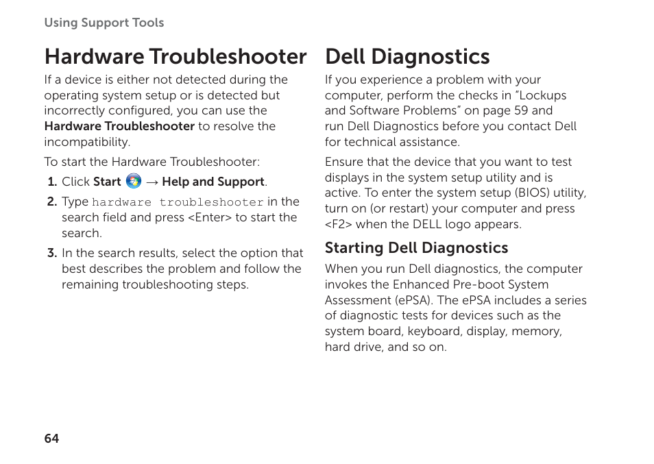 Hardware troubleshooter, Dell diagnostics, Hardware troubleshooter dell diagnostics | Dell | Dell Inspiron 14R (N4110, Early 2011) User Manual | Page 66 / 102
