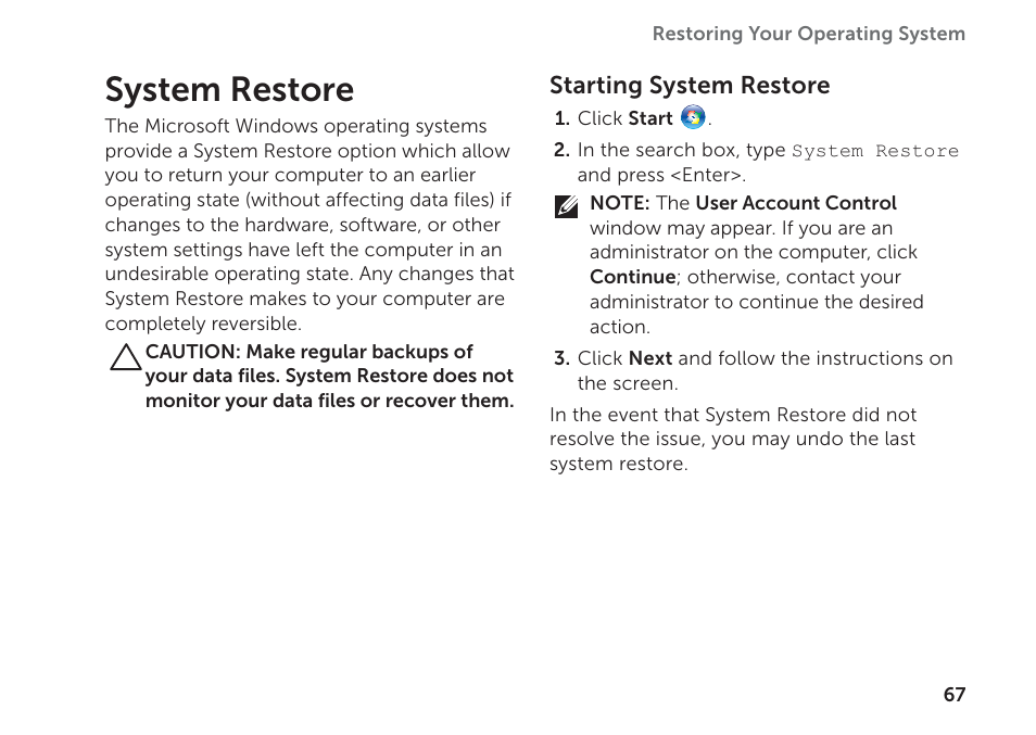 System restore | Dell Inspiron 14R (N4110, Early 2011) User Manual | Page 69 / 102