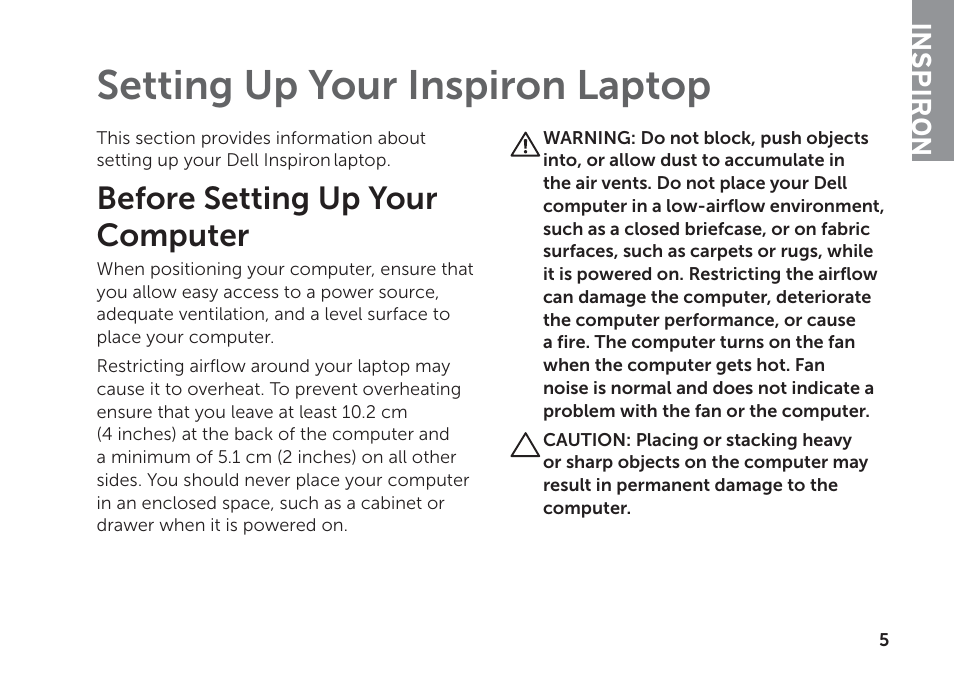 Setting up your inspiron laptop, Before setting up your computer, Inspiron | Dell Inspiron 14R (N4110, Early 2011) User Manual | Page 7 / 102