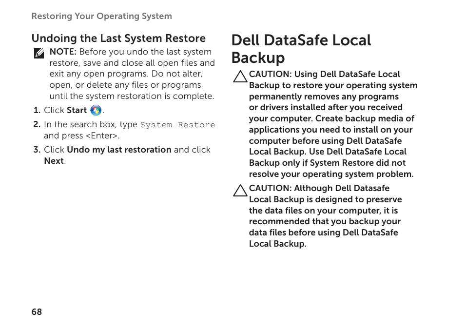 Dell datasafe local backup | Dell Inspiron 14R (N4110, Early 2011) User Manual | Page 70 / 102
