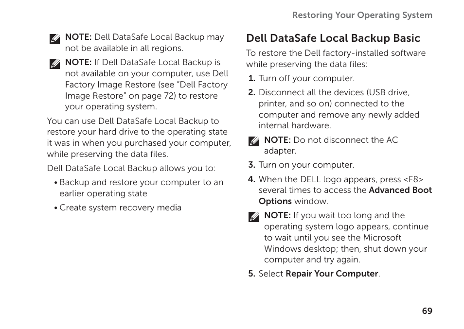Dell datasafe local backup basic | Dell Inspiron 14R (N4110, Early 2011) User Manual | Page 71 / 102